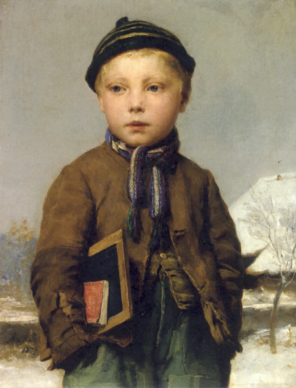 School Boy with Slate Board in a Snowy Landscape — Albert Anker